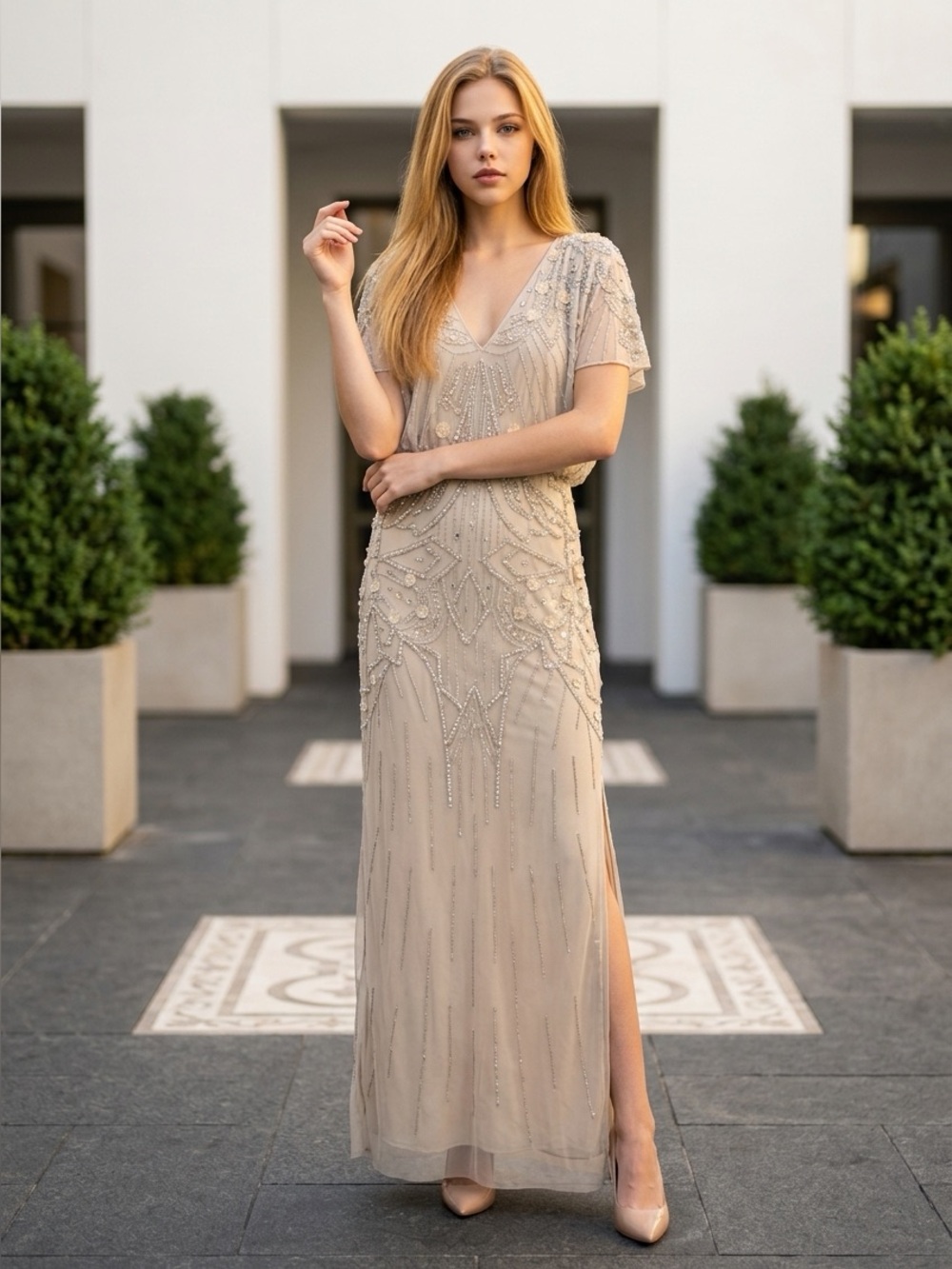 NWOT Aidan Mattox Beige Embellished Maxi Dress